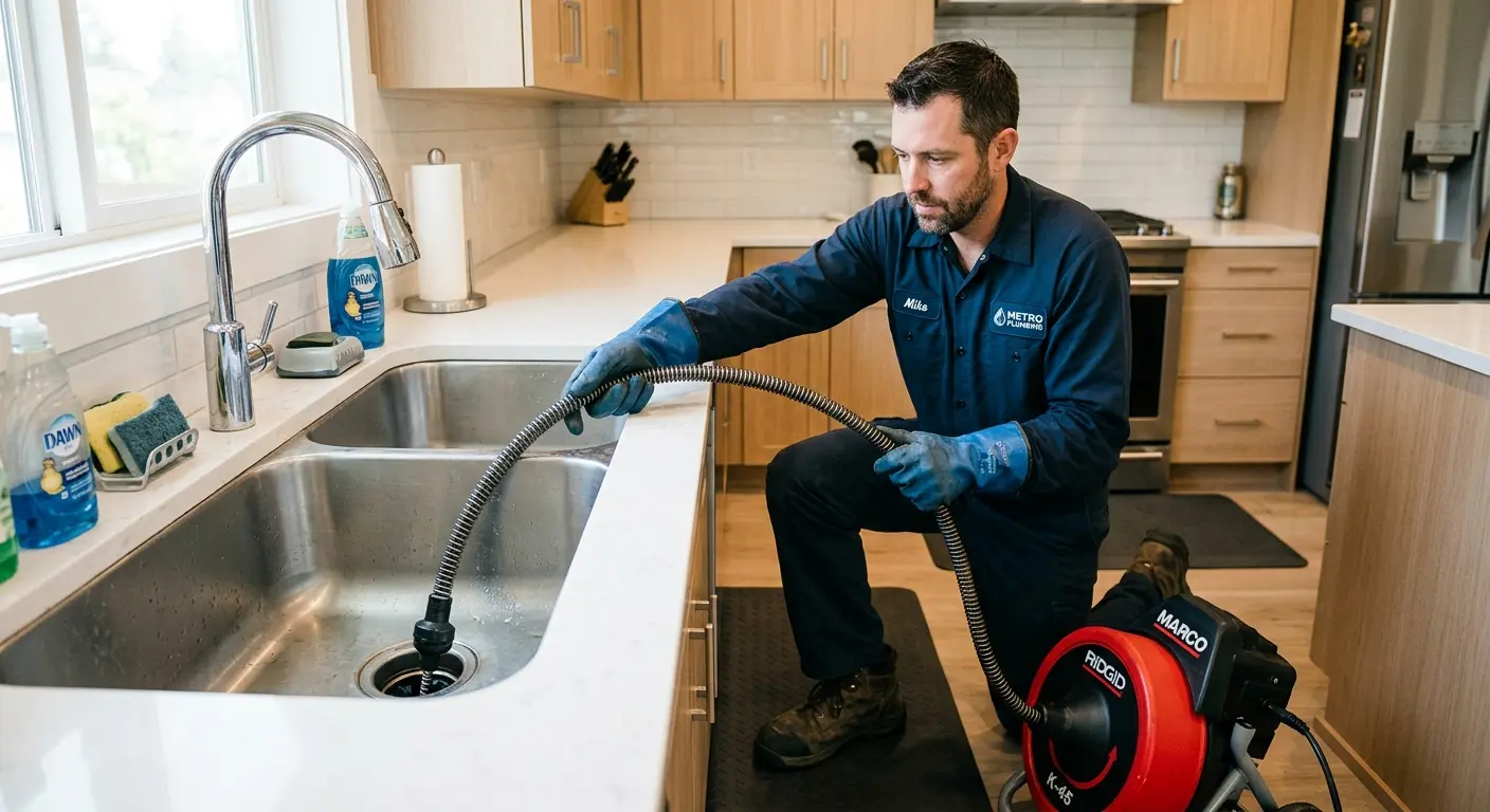 Drain cleaning technician using a motorized snake on a kitchen sink in New Britain