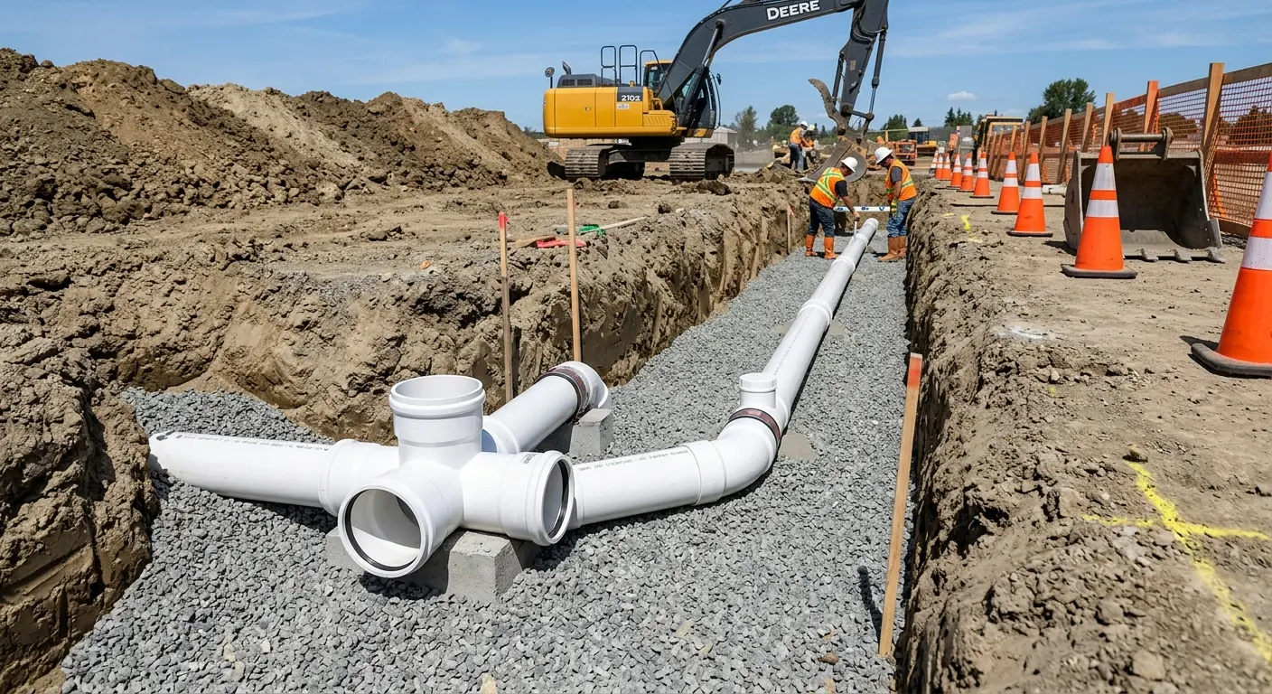 New PVC sewer pipe installation in open trench for Sewer Backup in New Britain