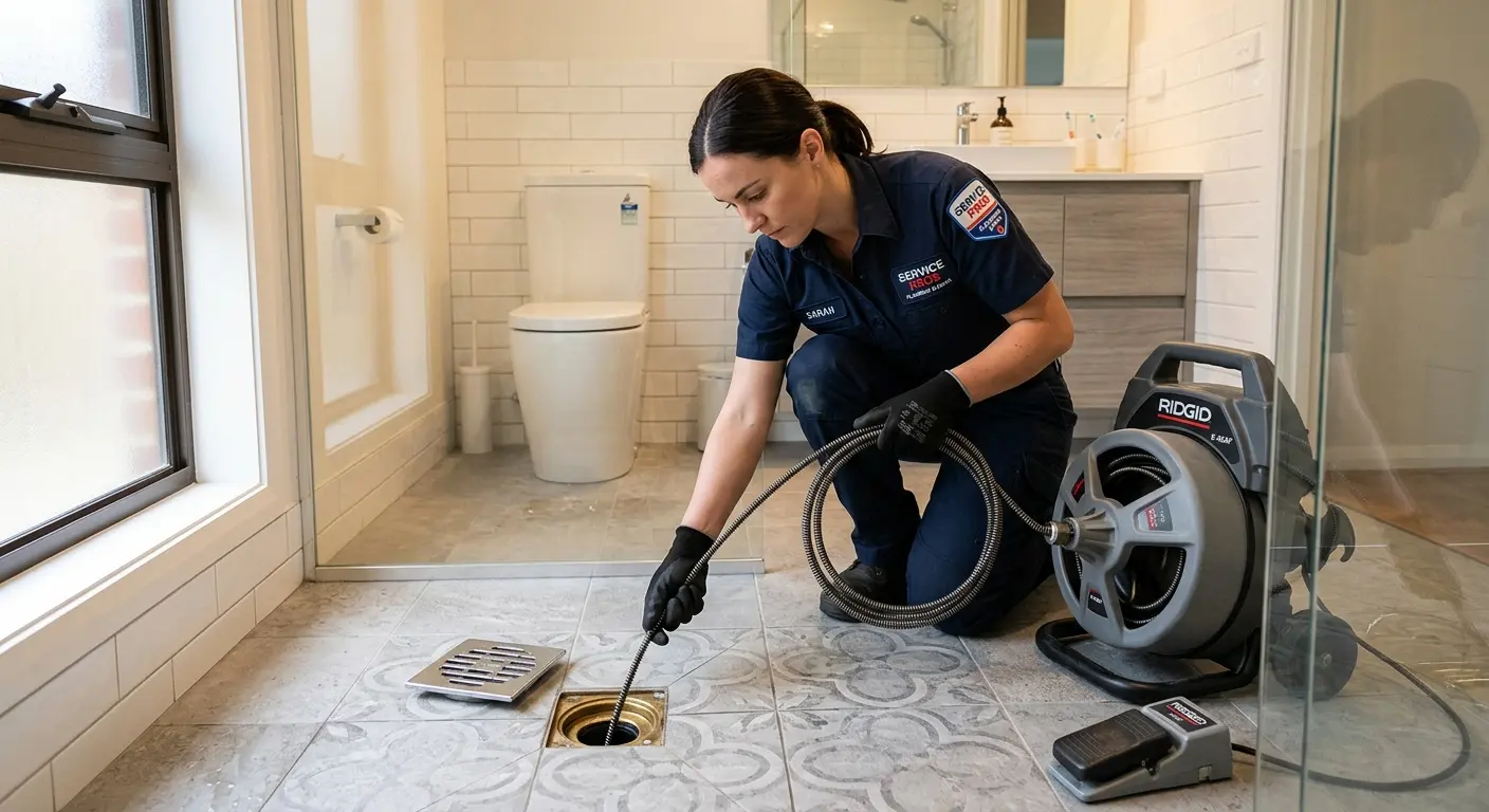 Technician clearing a bathroom floor drain for Drain Cleaning in New Britain
